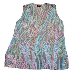 Bob Mackie Wearable Art Vest Colorful Semi Sheer‎ Cover Up Sz L Butterfly Floral